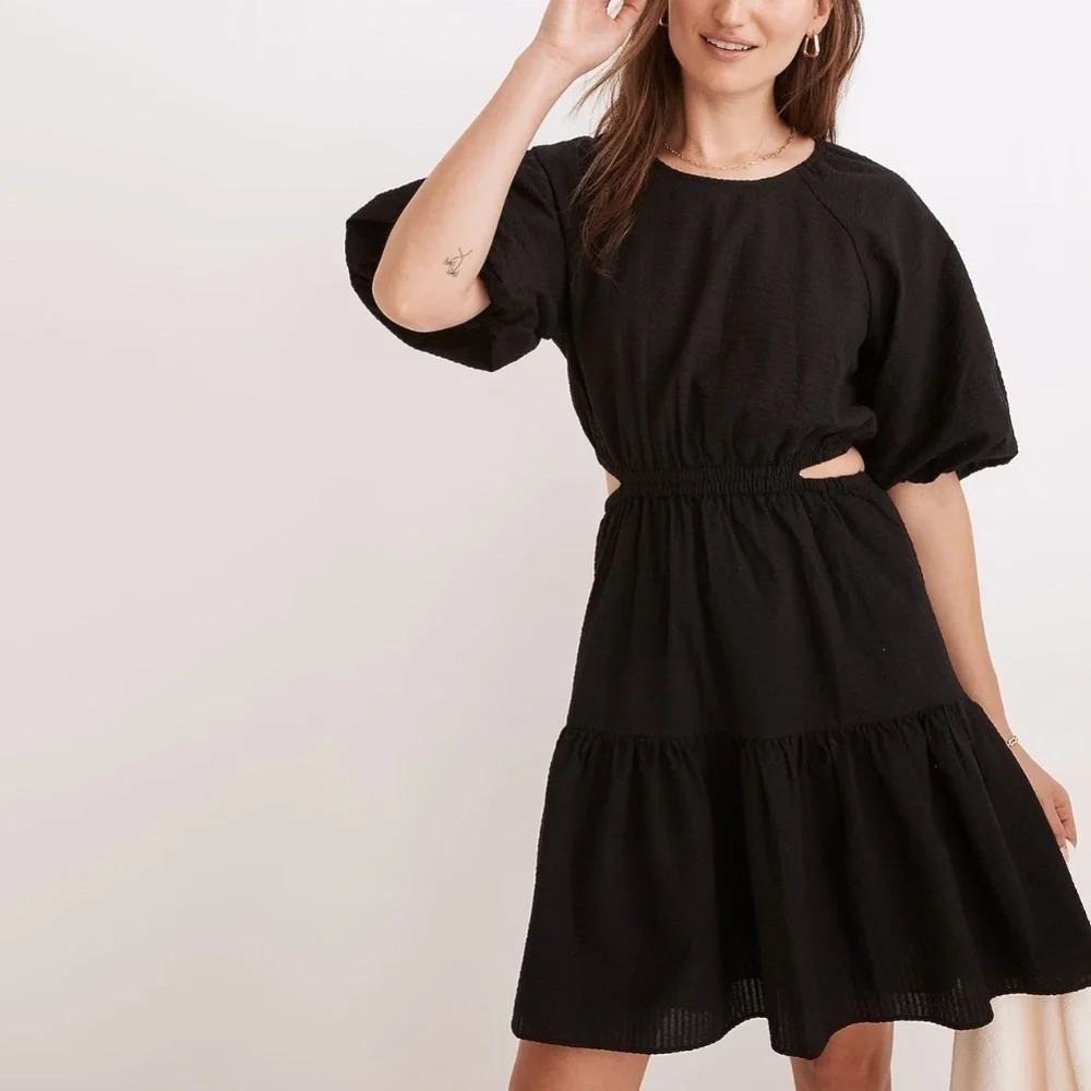NWT Madewell Seersucker Puff-Sleeve Cutout Mini Dress in Black - Picture 5 of 10